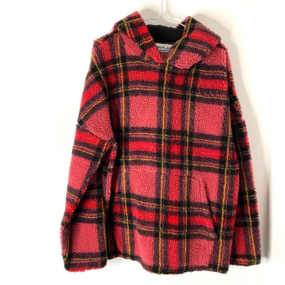 Replay Teddy Plaid Oversized Hoodie Embroidered Logo Cozy Rose Red Yellow Black